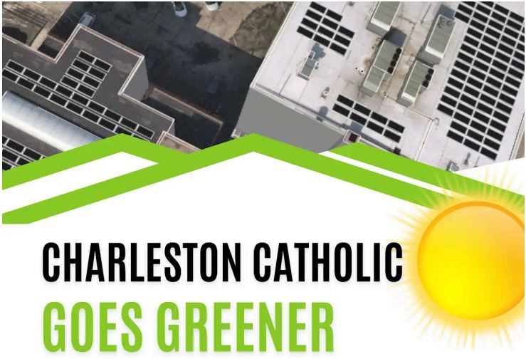 Aerial view of building rooftops with solar panels, above text reading Charleston Catholic Goes Greener and a bright yellow sun graphic in the corner.